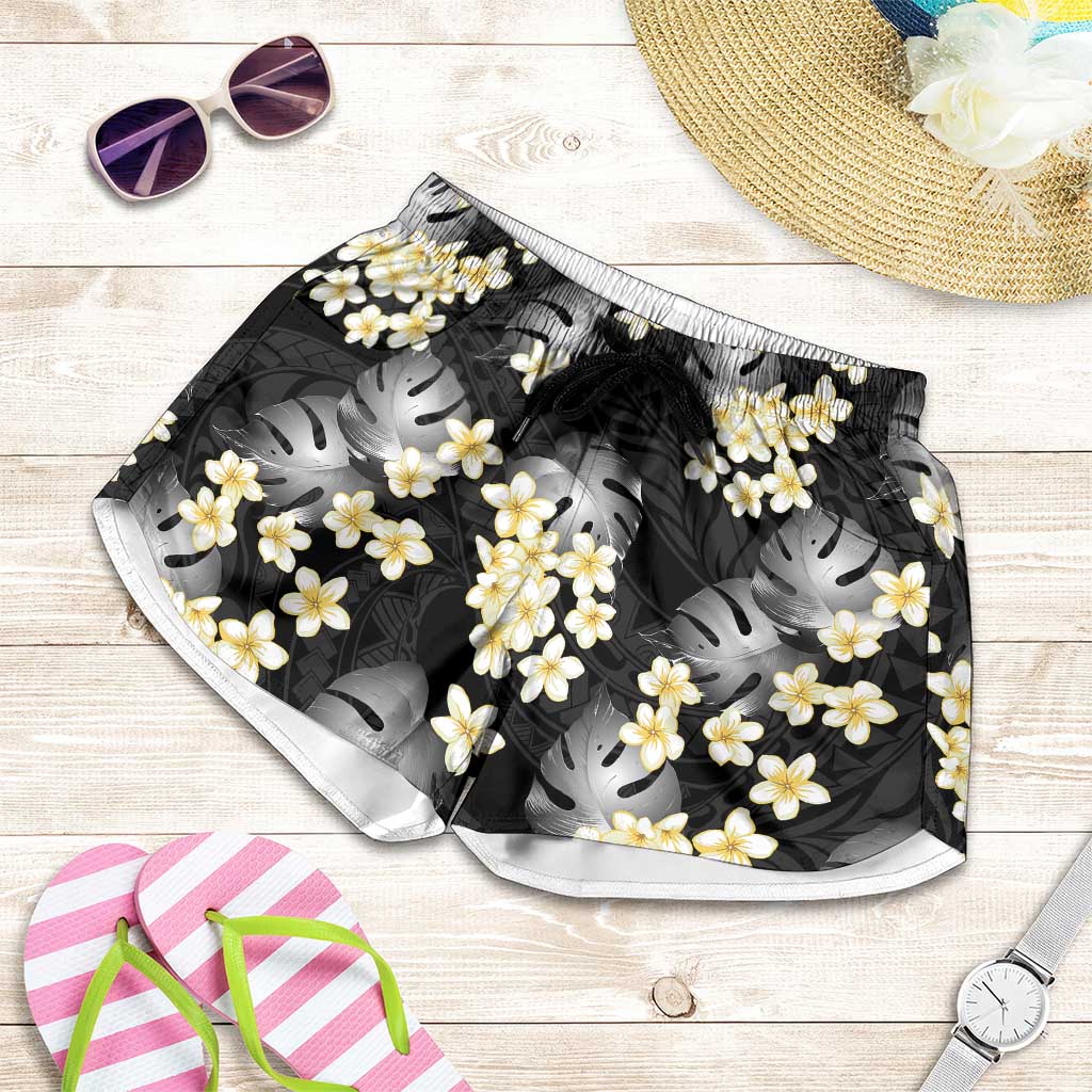 Black Tropical Hawaii Shorts for Women Seamless Monstera Plumeria Hawaiian Pattern - Polynesian Pride
