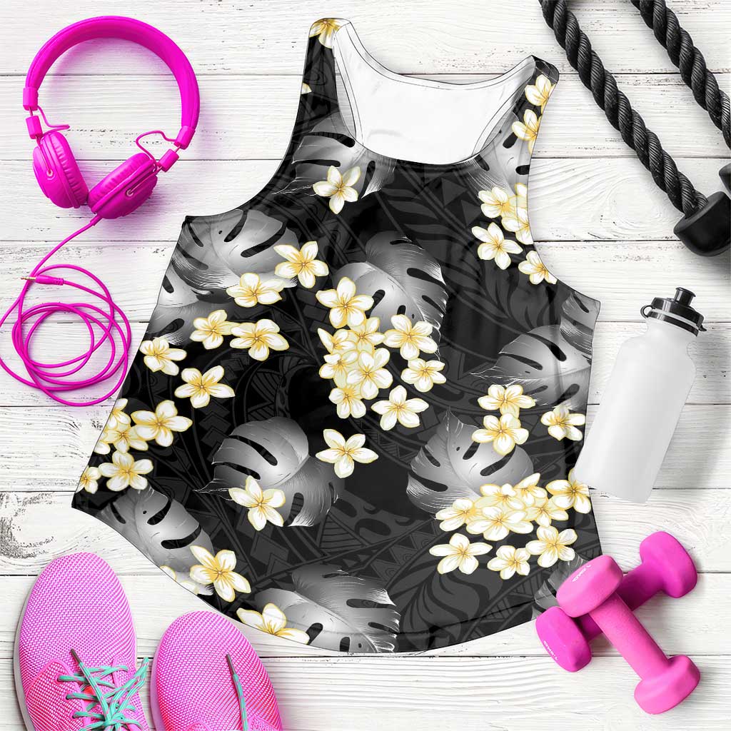 Black Tropical Hawaii Women Racerback Tank Seamless Monstera Plumeria Hawaiian Pattern - Polynesian Pride