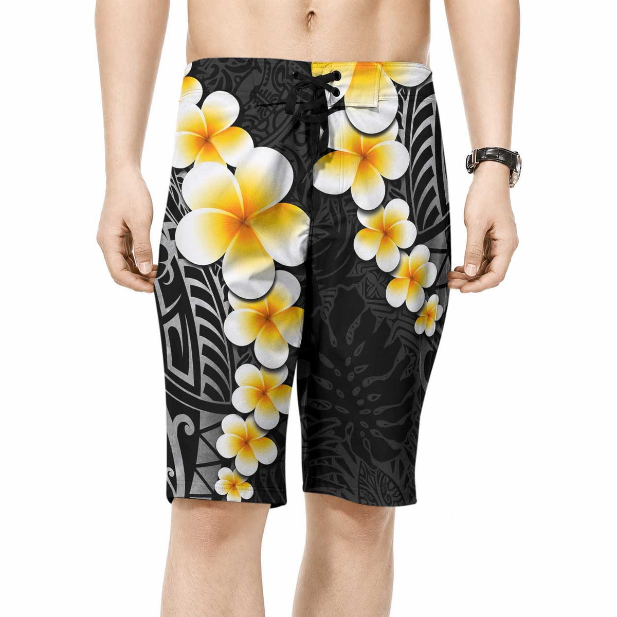 Black Tropical Plumeria With Galaxy Polynesian Art Board Shorts