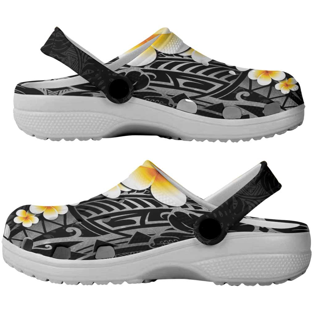 Black Tropical Plumeria With Galaxy Polynesian Art Clogs Shoes