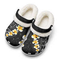 Black Tropical Plumeria With Galaxy Polynesian Art Fleece Clogs
