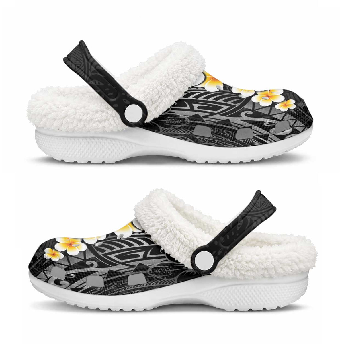 Black Tropical Plumeria With Galaxy Polynesian Art Fleece Clogs