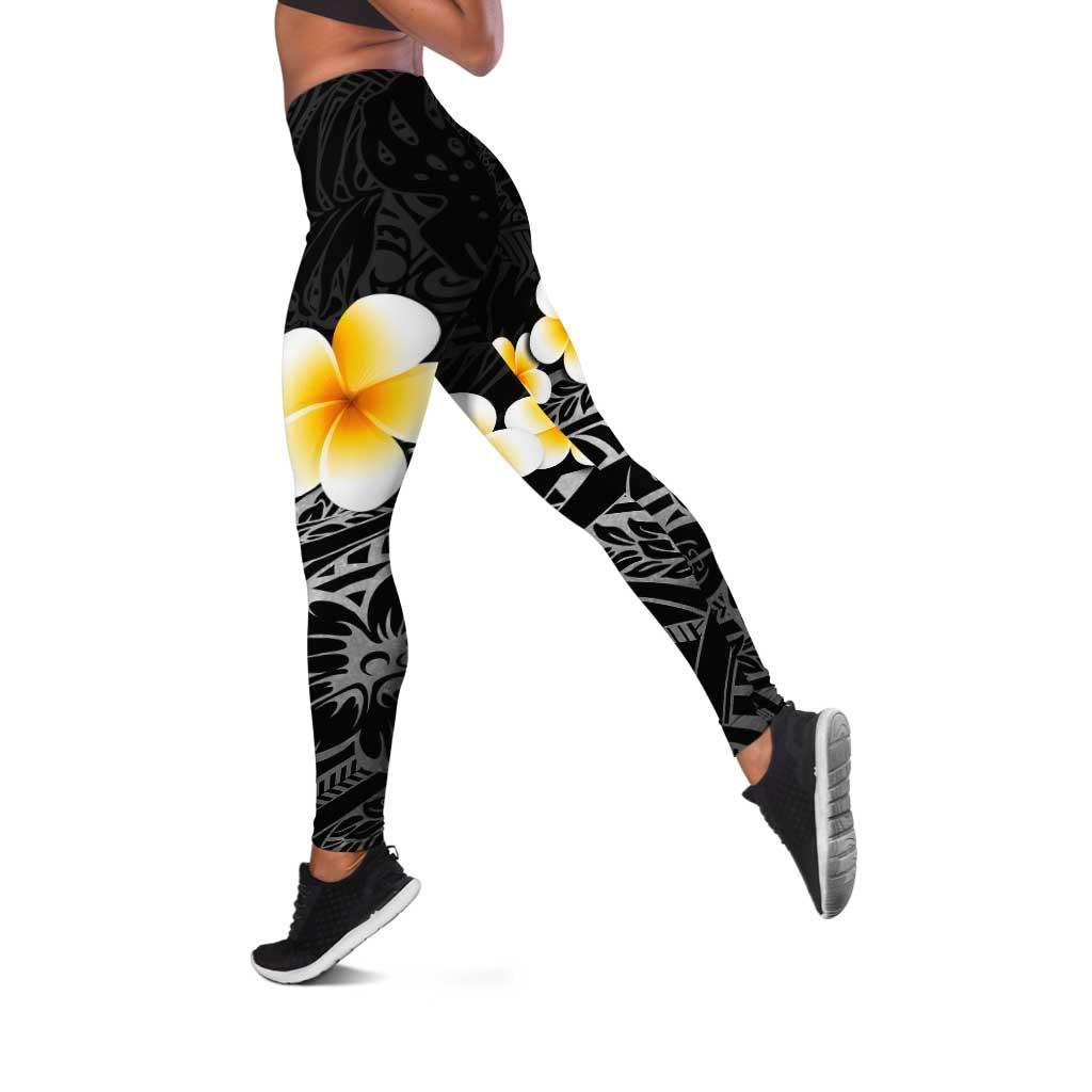 Black Tropical Plumeria With Galaxy Polynesian Art Leggings LT14 Black - Polynesian Pride