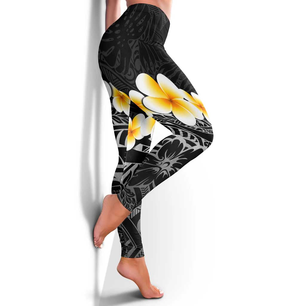 Black Tropical Plumeria With Galaxy Polynesian Art Leggings LT14 - Polynesian Pride