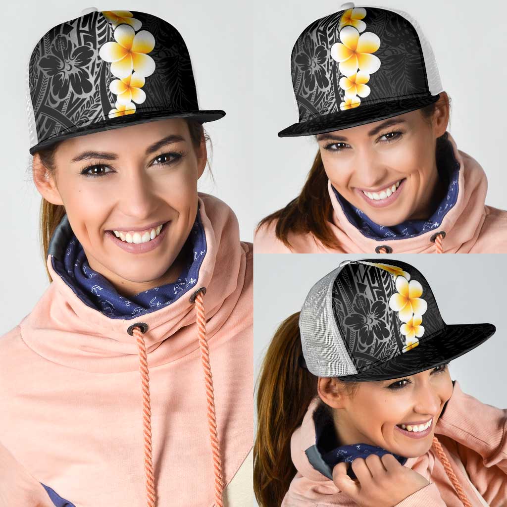 Black Tropical Plumeria With Galaxy Polynesian Art Mesh Trucker Cap - Polynesian Pride