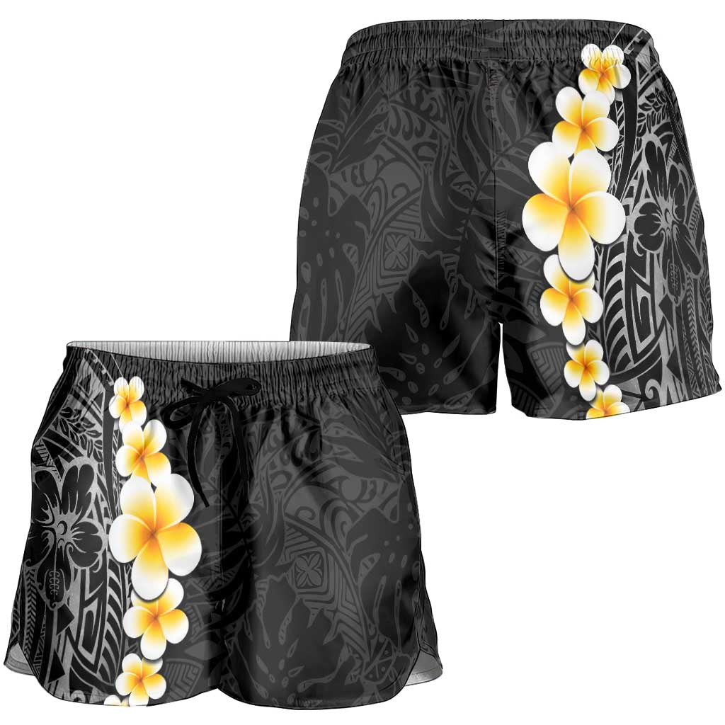 Black Tropical Plumeria With Galaxy Polynesian Art Shorts for Women LT14 - Polynesian Pride