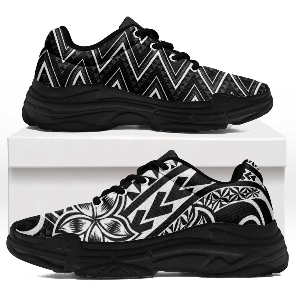 Black White New Zealand Taniko Motifs Chunky Sneakers Aotearoa Maori Plumeria Curve Style LT14 Black - Polynesian Pride