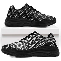 Black White New Zealand Taniko Motifs Chunky Sneakers Aotearoa Maori Plumeria Curve Style LT14 Black - Polynesian Pride
