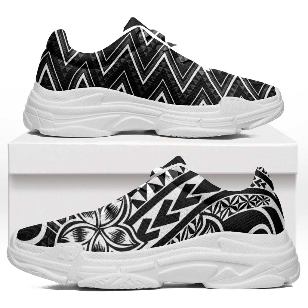 Black White New Zealand Taniko Motifs Chunky Sneakers Aotearoa Maori Plumeria Curve Style LT14 Black - Polynesian Pride