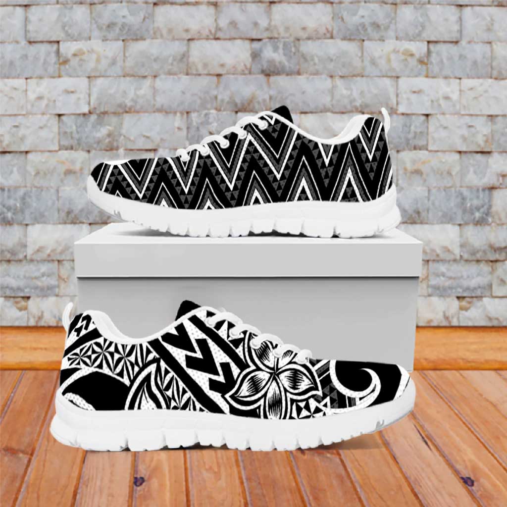 Black White New Zealand Taniko Motifs Sneakers Aotearoa Maori Plumeria Curve Style LT14 Black - Polynesian Pride