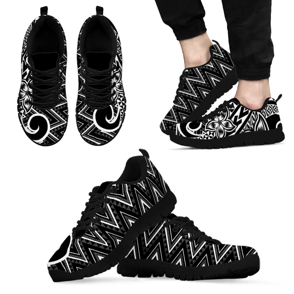 Black White New Zealand Taniko Motifs Sneakers Aotearoa Maori Plumeria Curve Style LT14 - Polynesian Pride