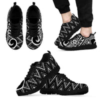 Black White New Zealand Taniko Motifs Sneakers Aotearoa Maori Plumeria Curve Style LT14 - Polynesian Pride