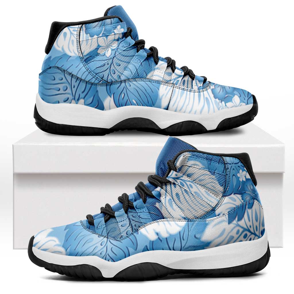 Blue Aloha Hawaii Sneakers J11 Monstera Hibiscus Plumeria Seamless Vibes - Polynesian Pride