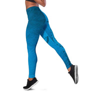 Blue Gradient Polynesia Leggings Hawaiian Tribal Hammerhead Shark Tattoo - Polynesian Pride