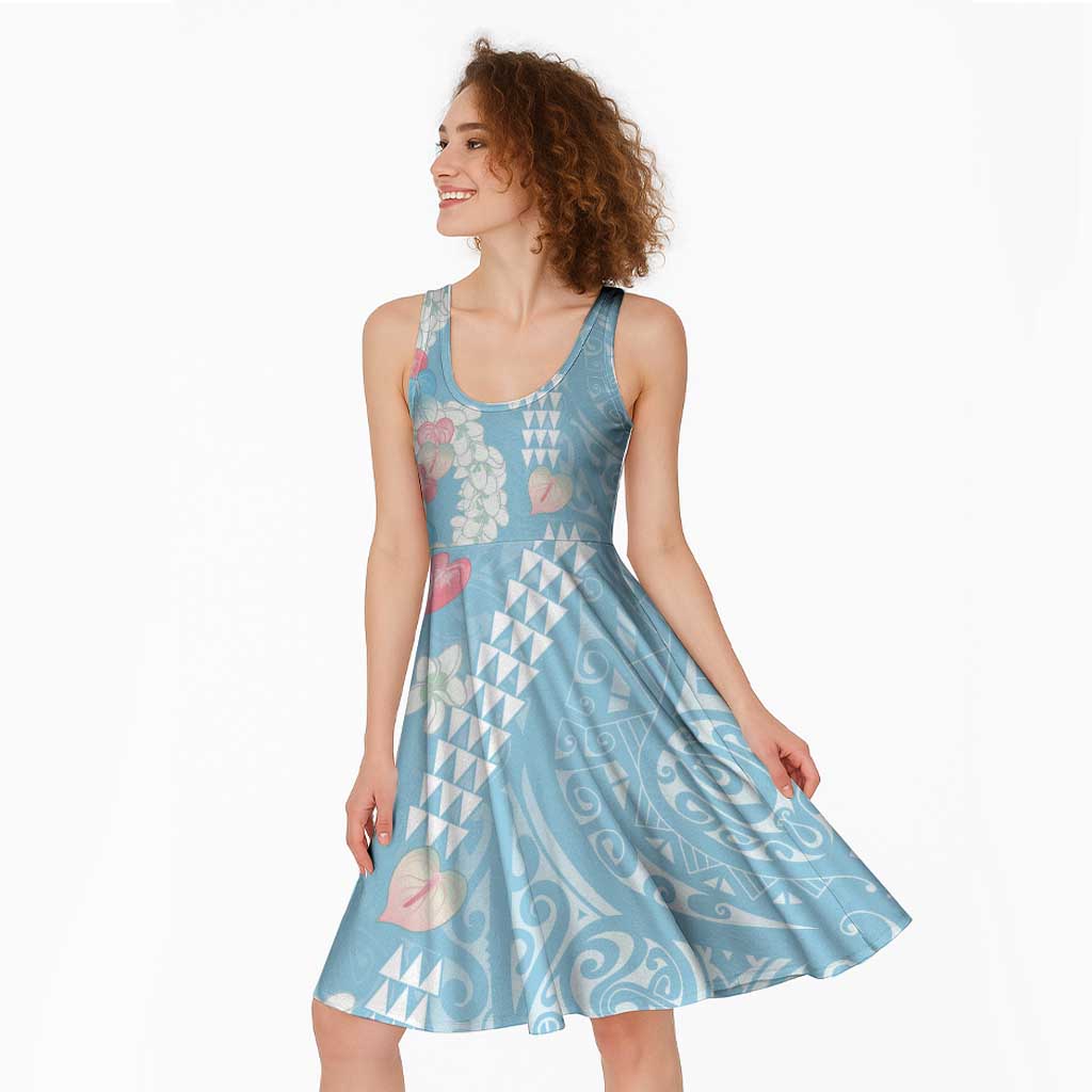 Blue Hawaii Anthurium Plumeria Lei Midi Dress