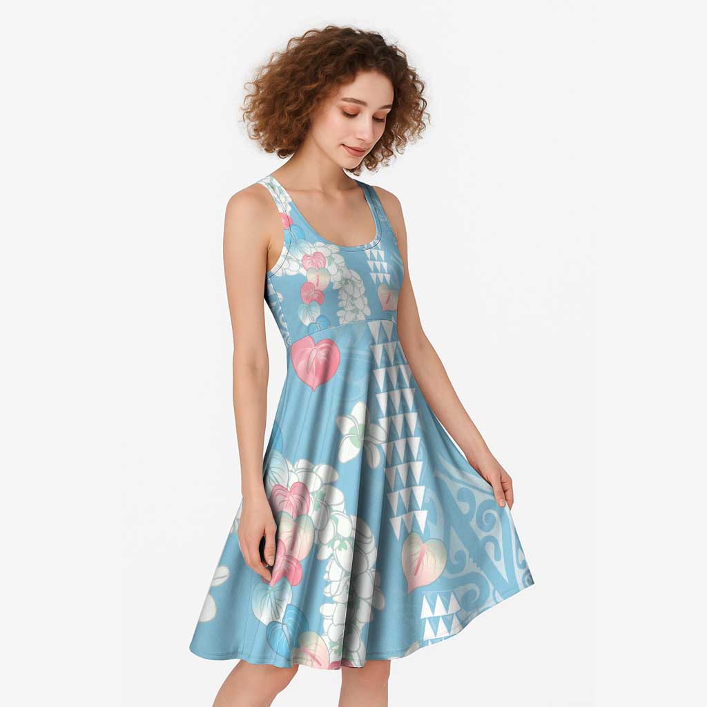 Blue Hawaii Anthurium Plumeria Lei Midi Dress
