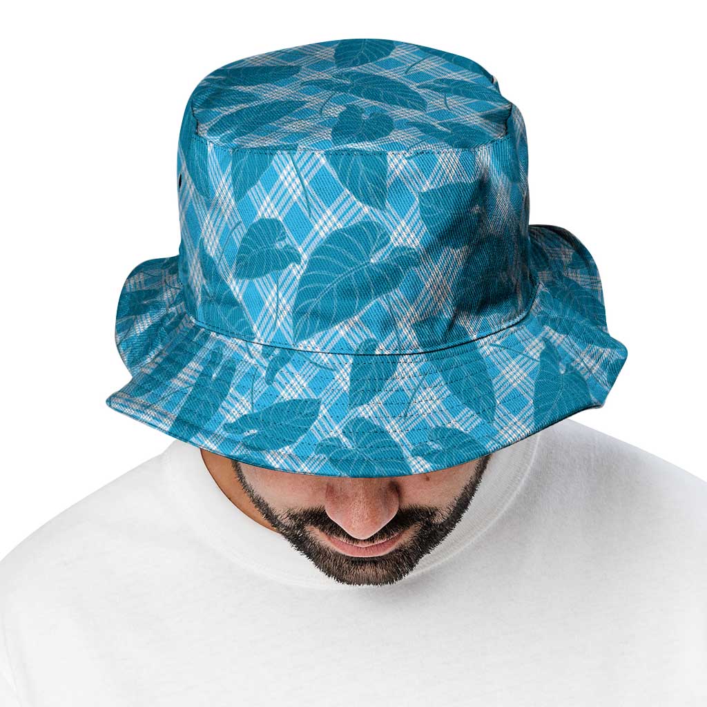 Blue Hawaii Kalo Palaka Motifs Bucket Hat Hawaiian Taro Leaves Elegant Vibes