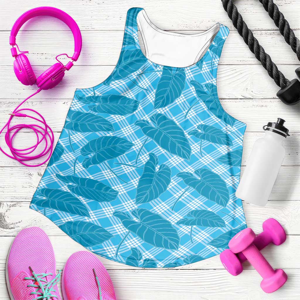 Blue Hawaii Kalo Palaka Motifs Women Racerback Tank Hawaiian Taro Leaves Elegant Vibes