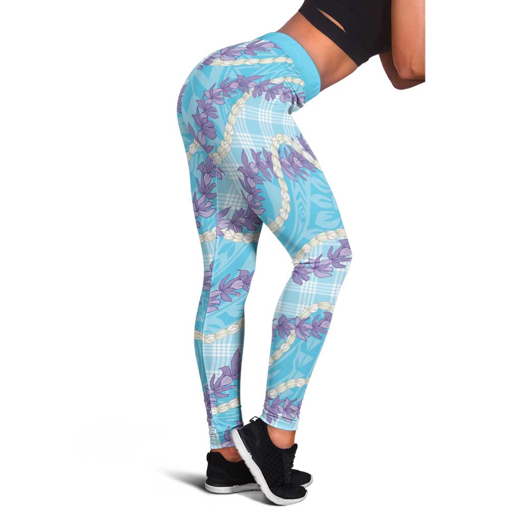 Blue Hawaii Palaka Honohono Pikake Leggings Hawaiian Orchid Lei Polynesian Pattern - Polynesian Pride