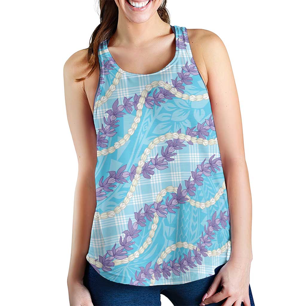 Blue Hawaii Palaka Honohono Pikake Women Racerback Tank Hawaiian Orchid Lei Polynesian Pattern - Polynesian Pride
