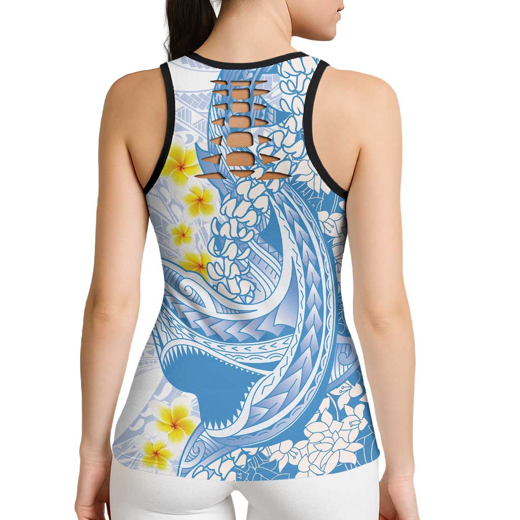 Blue Hawaii Shark Tattoo Hollow Tank Top Puakenikeni Lei Plumeria Polynesian Pattern