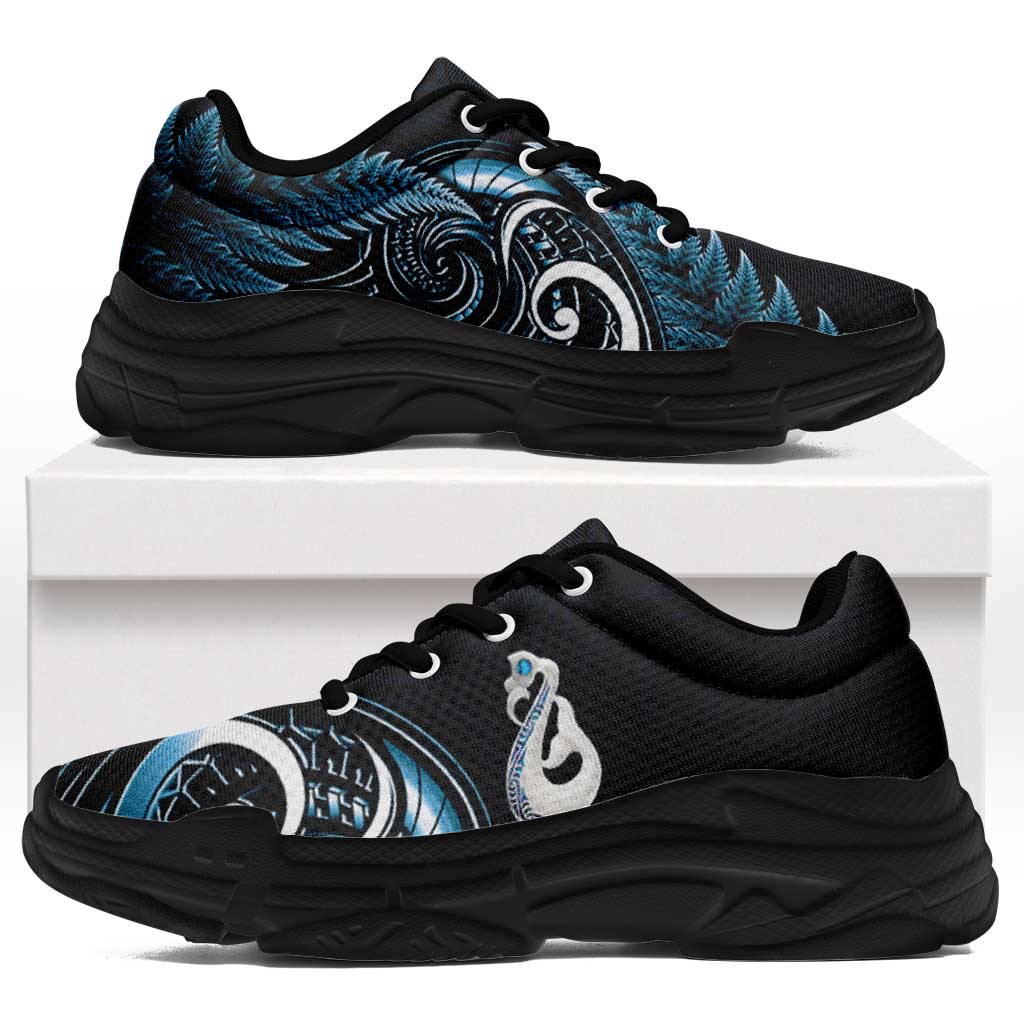 Blue New Zealand Chunky Sneakers Aotearoa Silver Fern With Manaia Maori Unique
