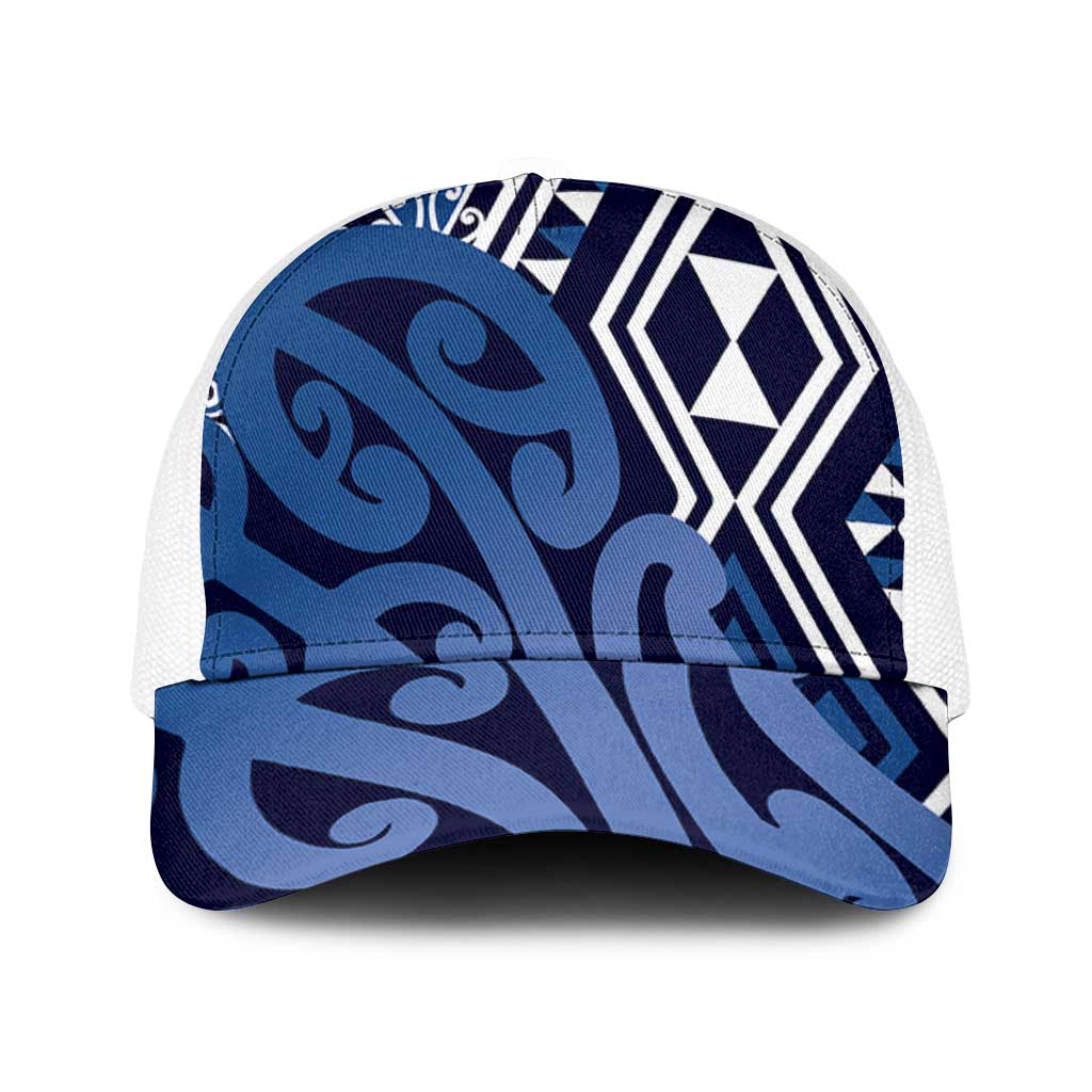 Blue New Zealand Mesh Trucker Cap Aotearoa Kowhaiwhai Mix Taniko Art - Polynesian Pride