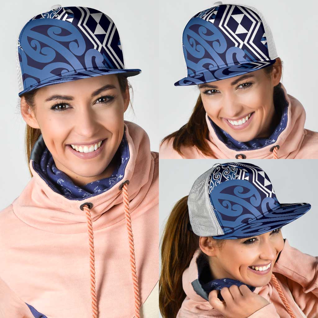 Blue New Zealand Mesh Trucker Cap Aotearoa Kowhaiwhai Mix Taniko Art - Polynesian Pride