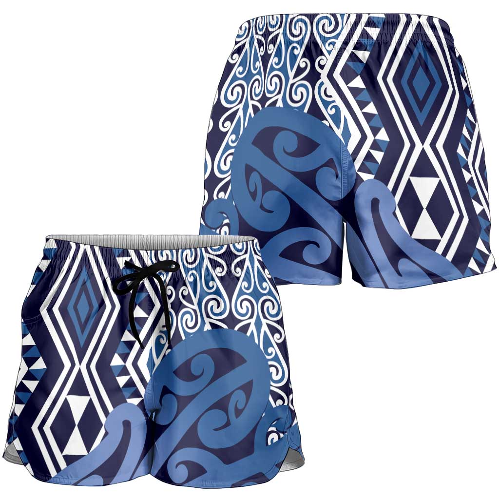 Blue New Zealand Shorts for Women Aotearoa Kowhaiwhai Mix Taniko Art LT14 - Polynesian Pride