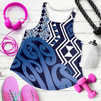 Blue New Zealand Women Racerback Tank Aotearoa Kowhaiwhai Mix Taniko Art LT14 Blue - Polynesian Pride