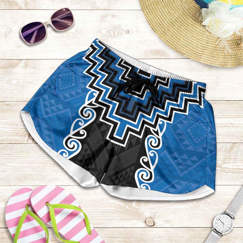 Blue Niho Taniwha Mix Poutama Shorts for Women Unique Taniko Aotearoa - Polynesian Pride