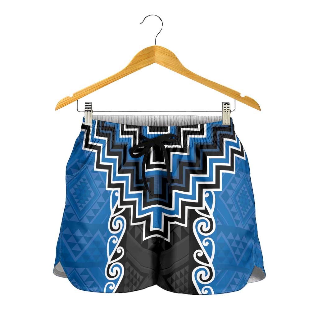 Blue Niho Taniwha Mix Poutama Shorts for Women Unique Taniko Aotearoa - Polynesian Pride