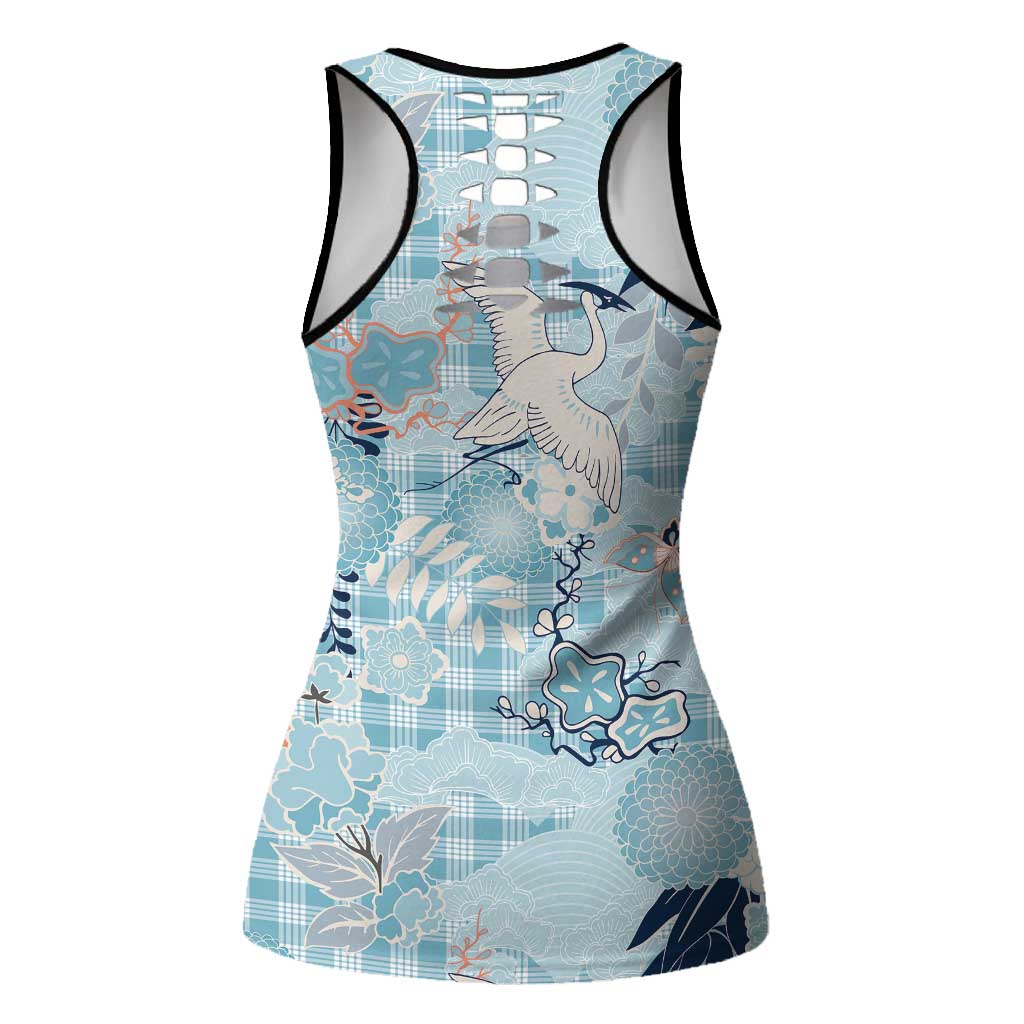 Blue Palaka Crane and Flowers Hollow Tank Top Japan Heritage Spirit - Polynesian Pride