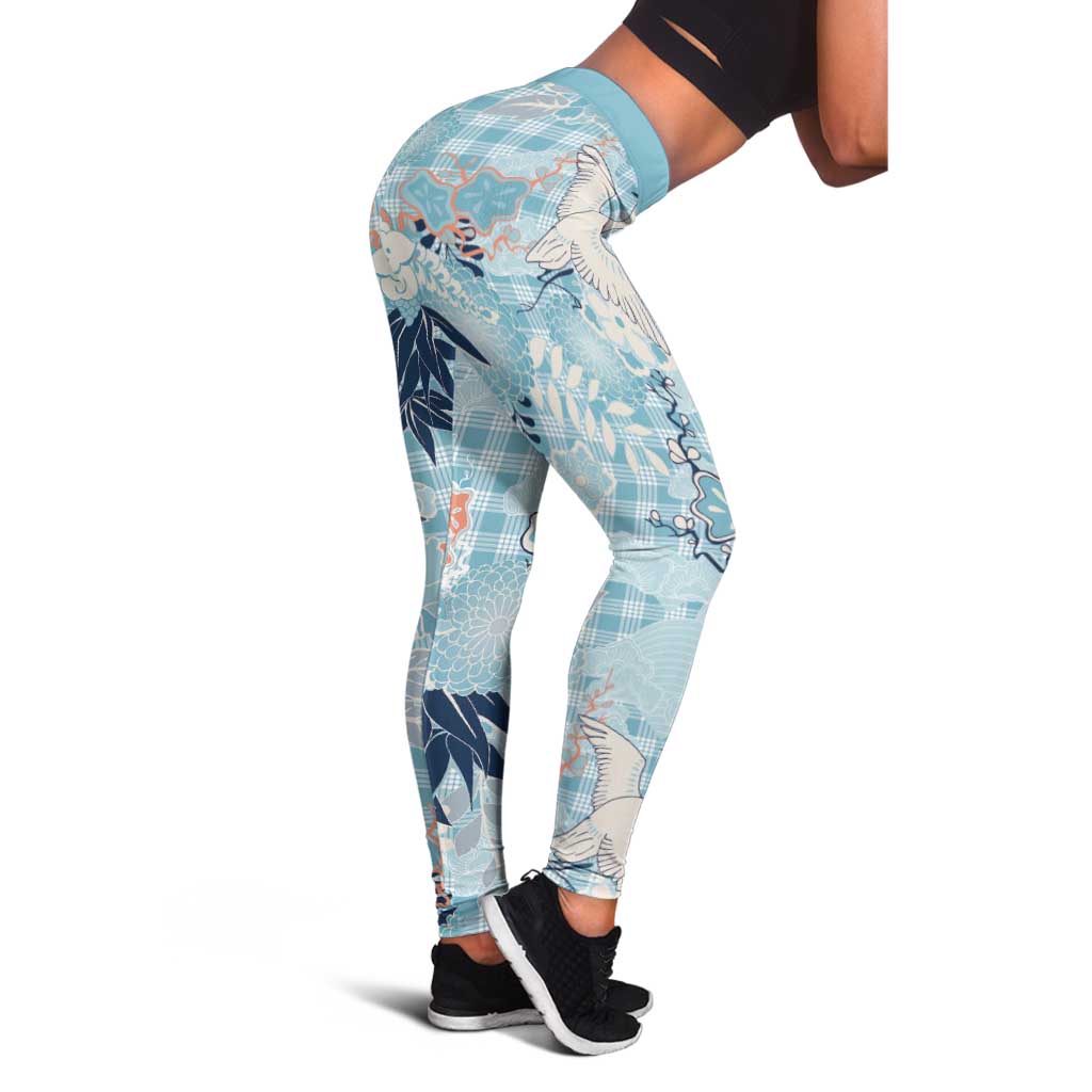 Blue Palaka Crane and Flowers Leggings Japan Heritage Spirit - Polynesian Pride