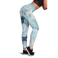 Blue Palaka Crane and Flowers Leggings Japan Heritage Spirit - Polynesian Pride