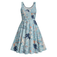 Blue Palaka Crane and Flowers Midi Dress Japan Heritage Spirit - Polynesian Pride