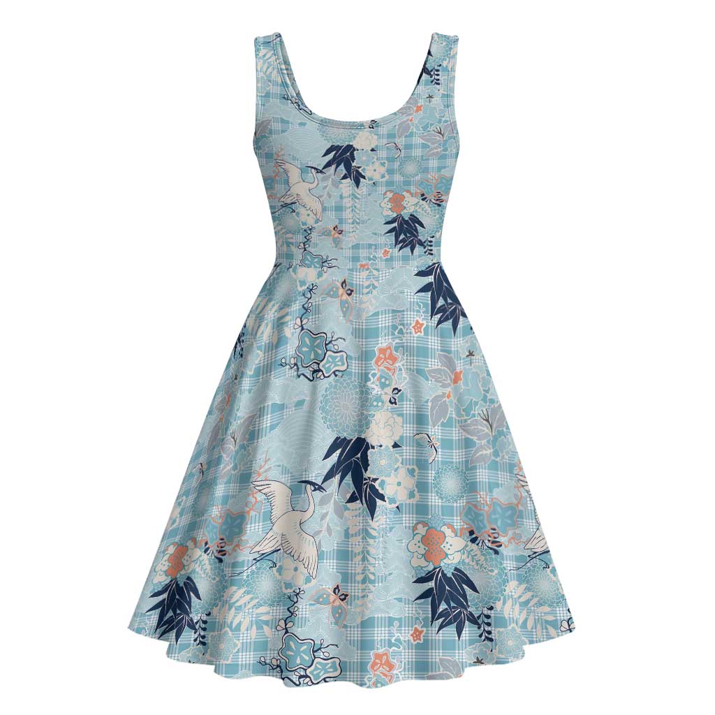 Blue Palaka Crane and Flowers Midi Dress Japan Heritage Spirit - Polynesian Pride