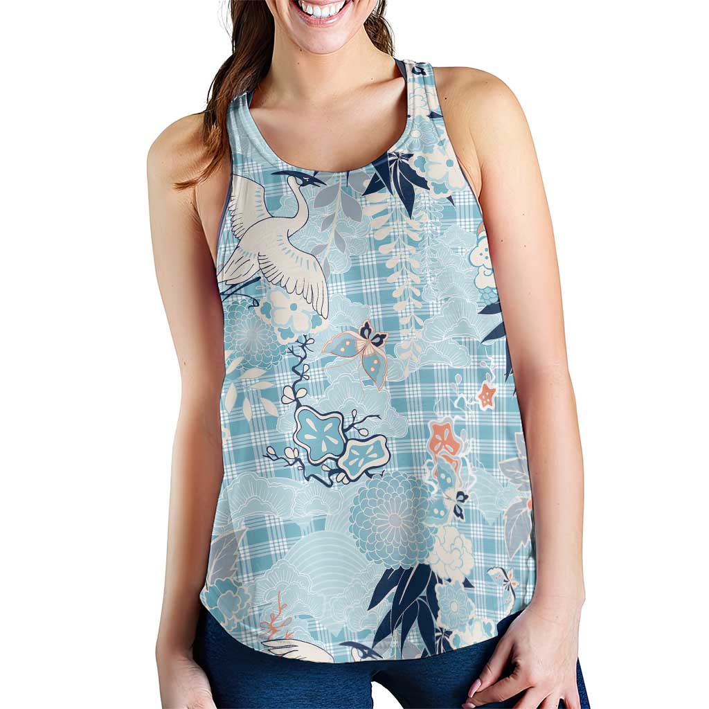 Blue Palaka Crane and Flowers Women Racerback Tank Japan Heritage Spirit LT9 - Polynesian Pride