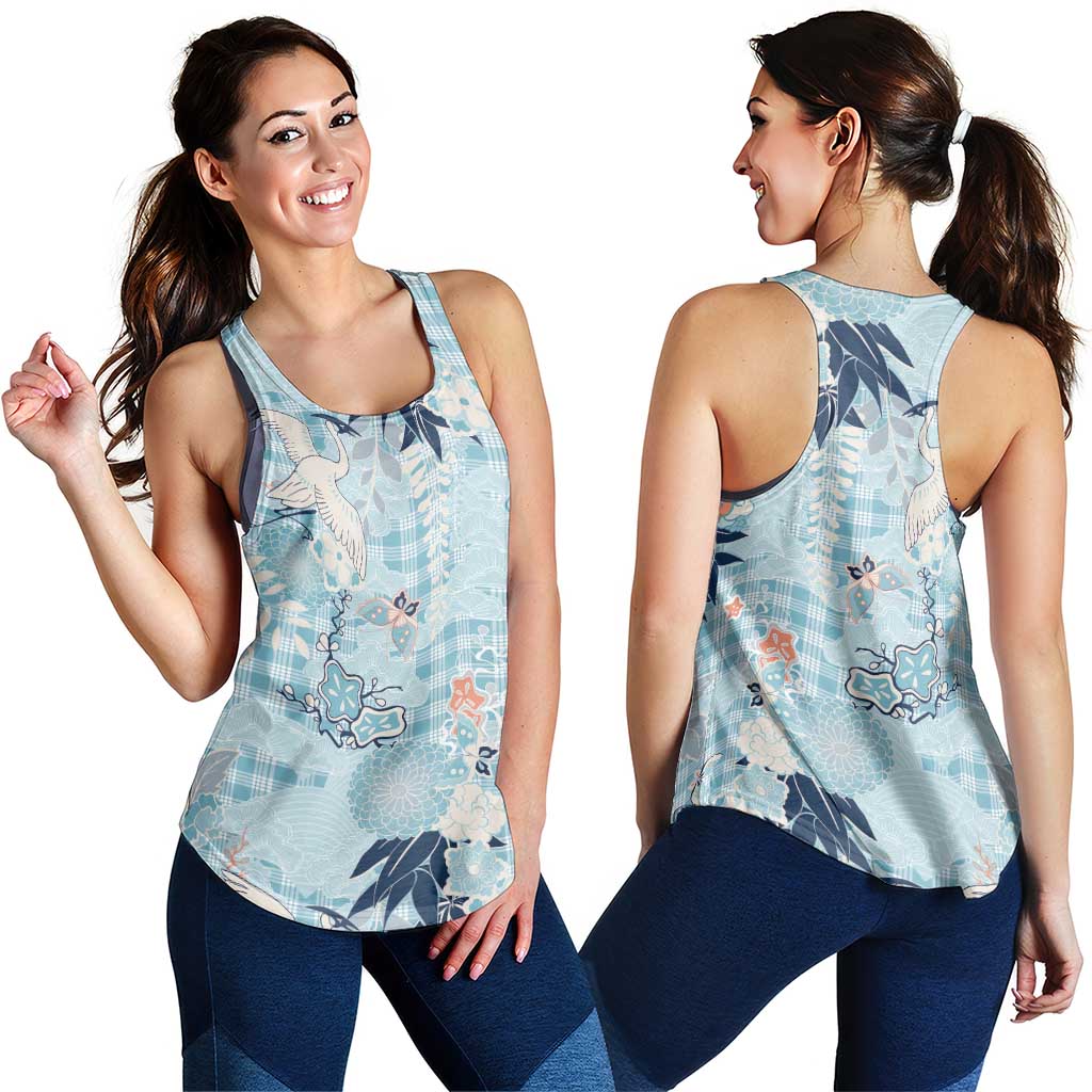 Blue Palaka Crane and Flowers Women Racerback Tank Japan Heritage Spirit LT9 - Polynesian Pride