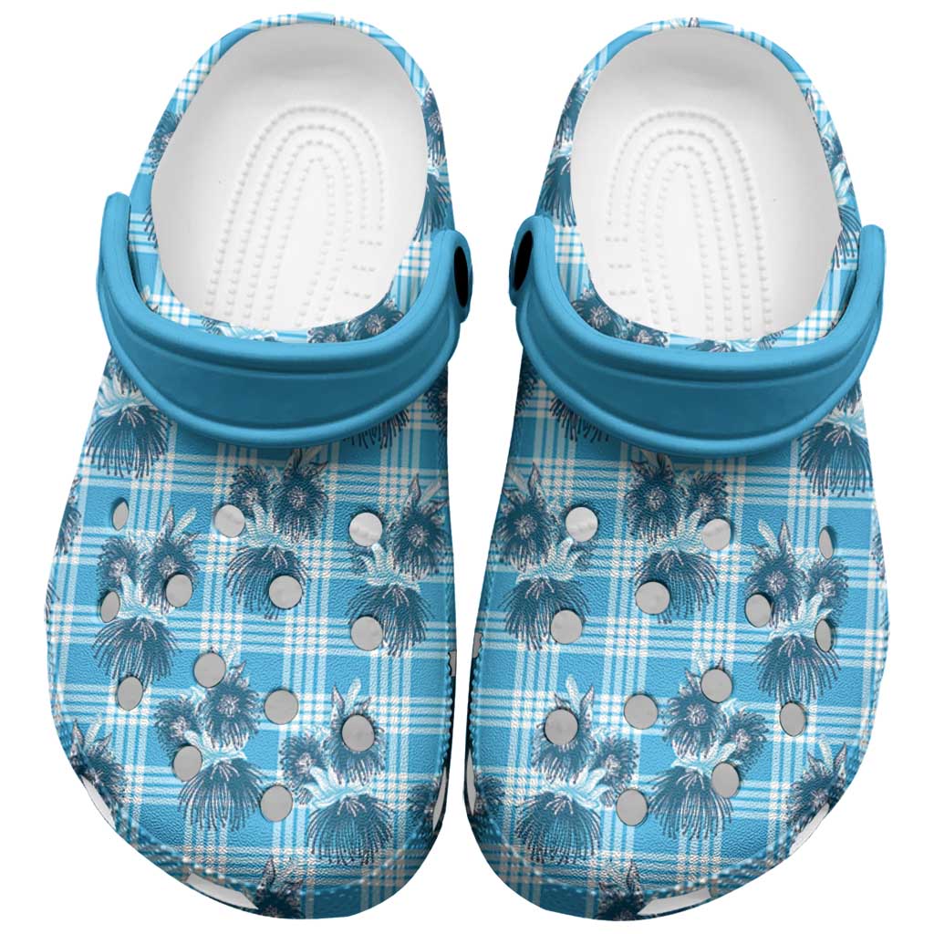 Blue Palaka Hawaii Clogs Shoes Hawaiian Lehua Blossoms