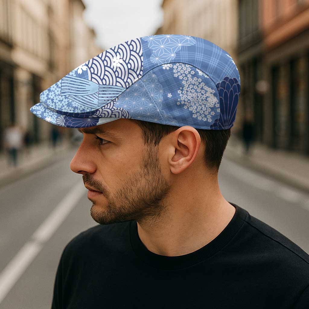 Blue Palaka Japanese Traditional Jeff Hat Asanoha Seigaiha Sakura Motif - Polynesian Pride