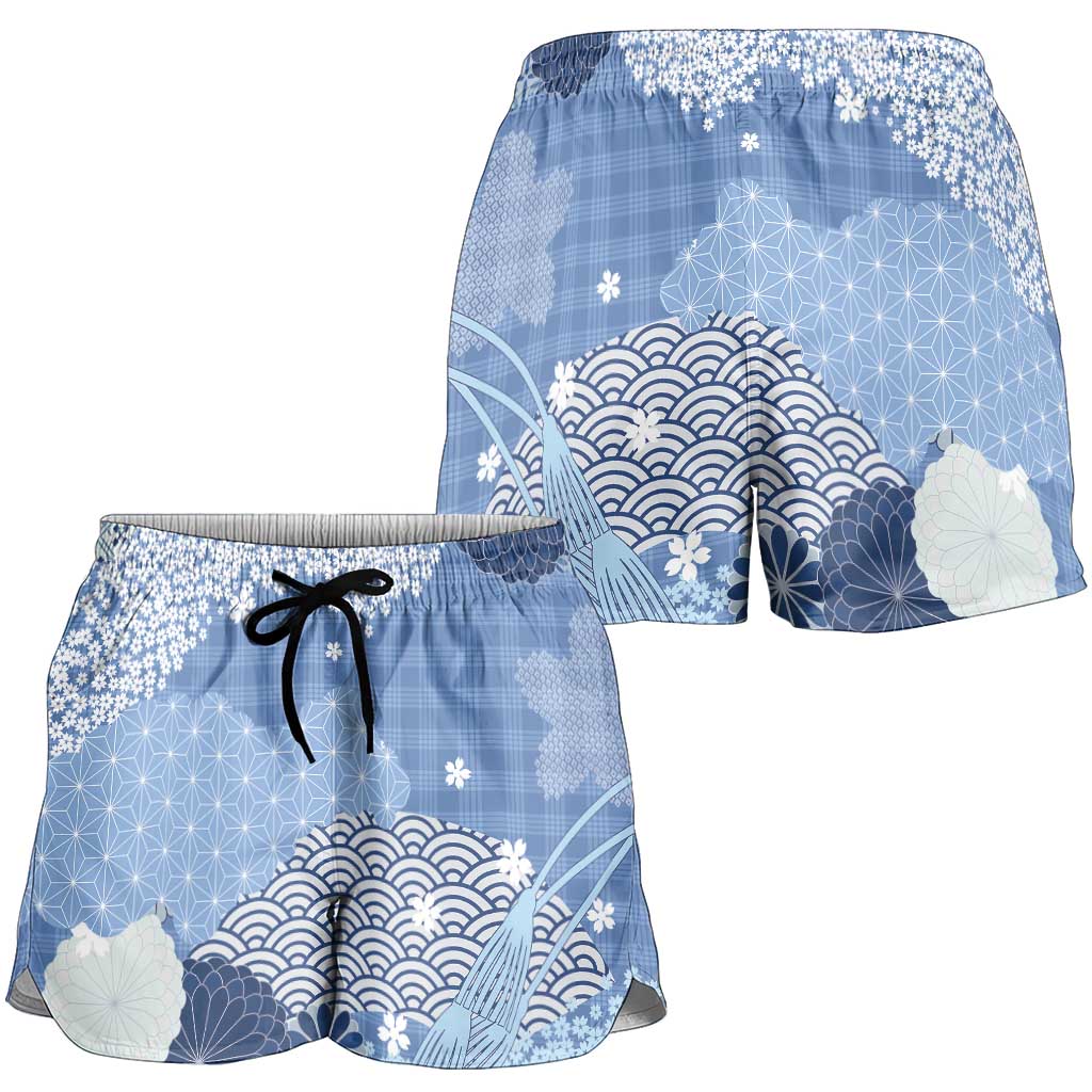 Blue Palaka Japanese Traditional Shorts for Women Asanoha Seigaiha Sakura Motif LT14 - Polynesian Pride