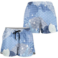 Blue Palaka Japanese Traditional Shorts for Women Asanoha Seigaiha Sakura Motif LT14 - Polynesian Pride