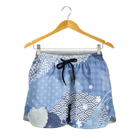 Blue Palaka Japanese Traditional Shorts for Women Asanoha Seigaiha Sakura Motif LT14 - Polynesian Pride