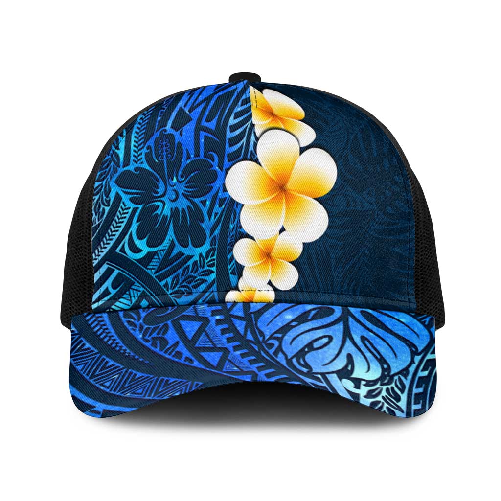 Blue Polynesia Baseball Net Cap Plumeria Tropical Leaves With Galaxy Polynesian Art - Polynesian Pride