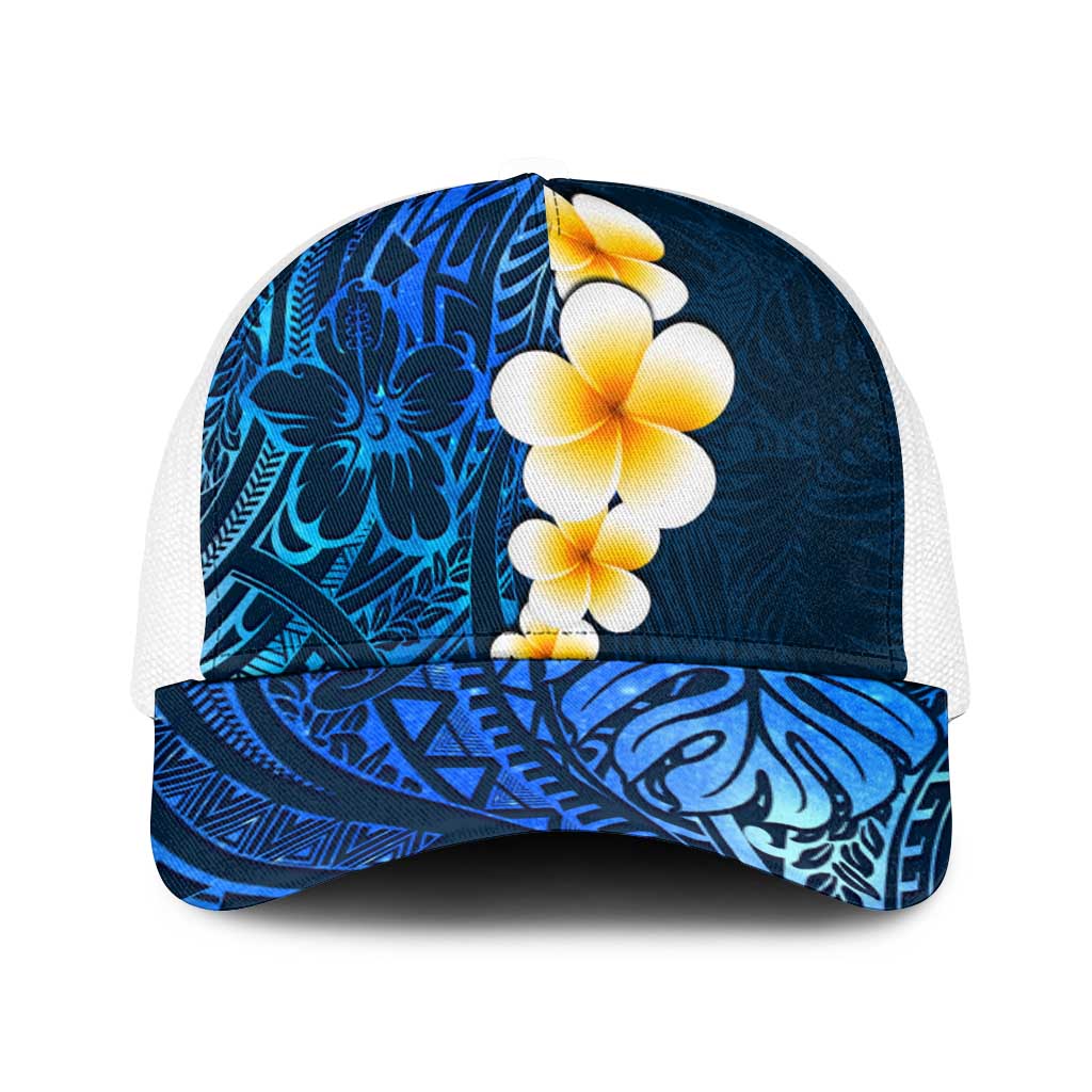Blue Polynesia Baseball Net Cap Plumeria Tropical Leaves With Galaxy Polynesian Art - Polynesian Pride