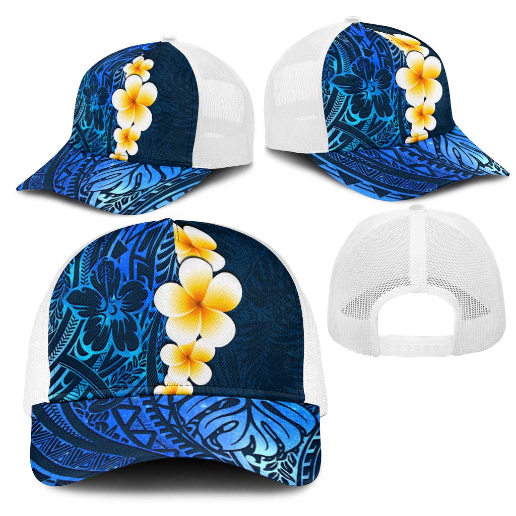 Blue Polynesia Mesh Trucker Cap Plumeria Tropical Leaves With Galaxy Polynesian Art - Polynesian Pride