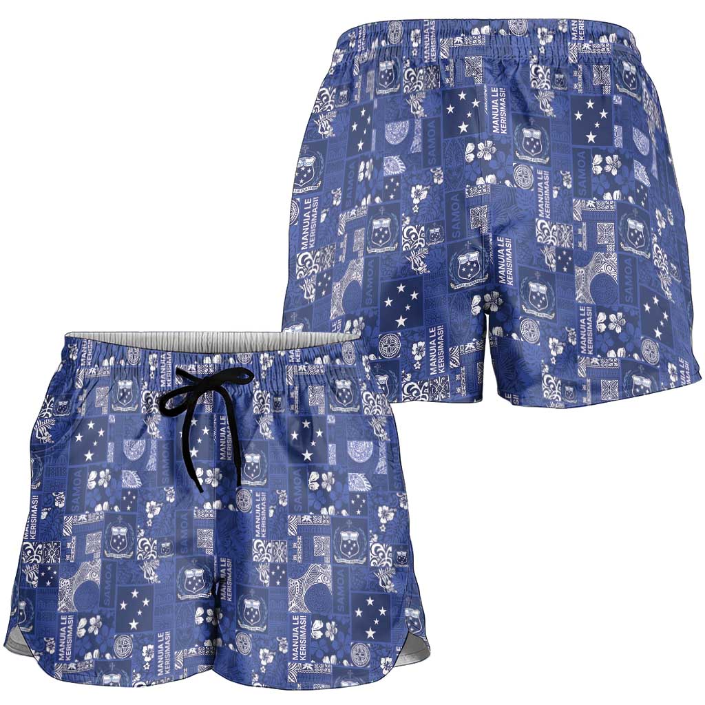 Blue Samoa Manuia Le Kerisimasi Shorts for Women Pacific Patchwork Xmas Vibes - Polynesian Pride