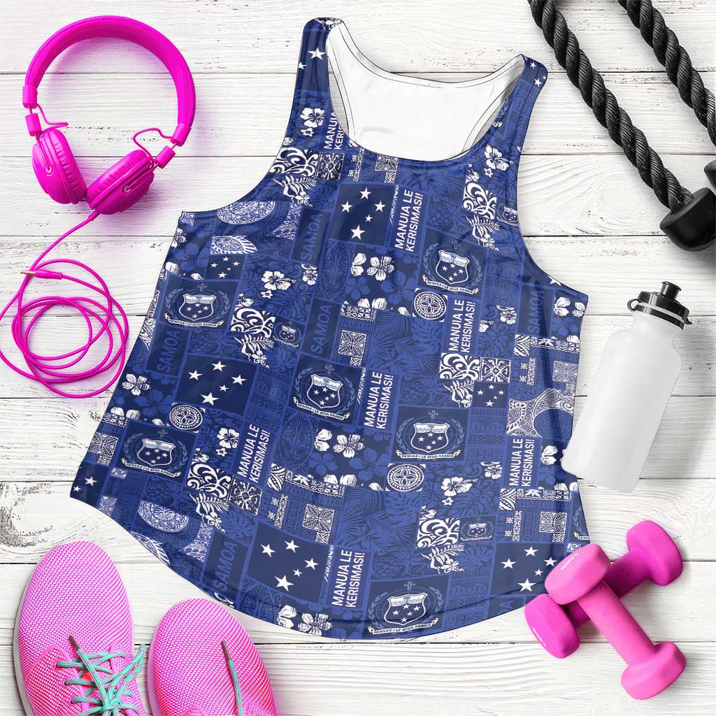 Blue Samoa Manuia Le Kerisimasi Women Racerback Tank Pacific Patchwork Xmas Vibes LT9 Blue - Polynesian Pride