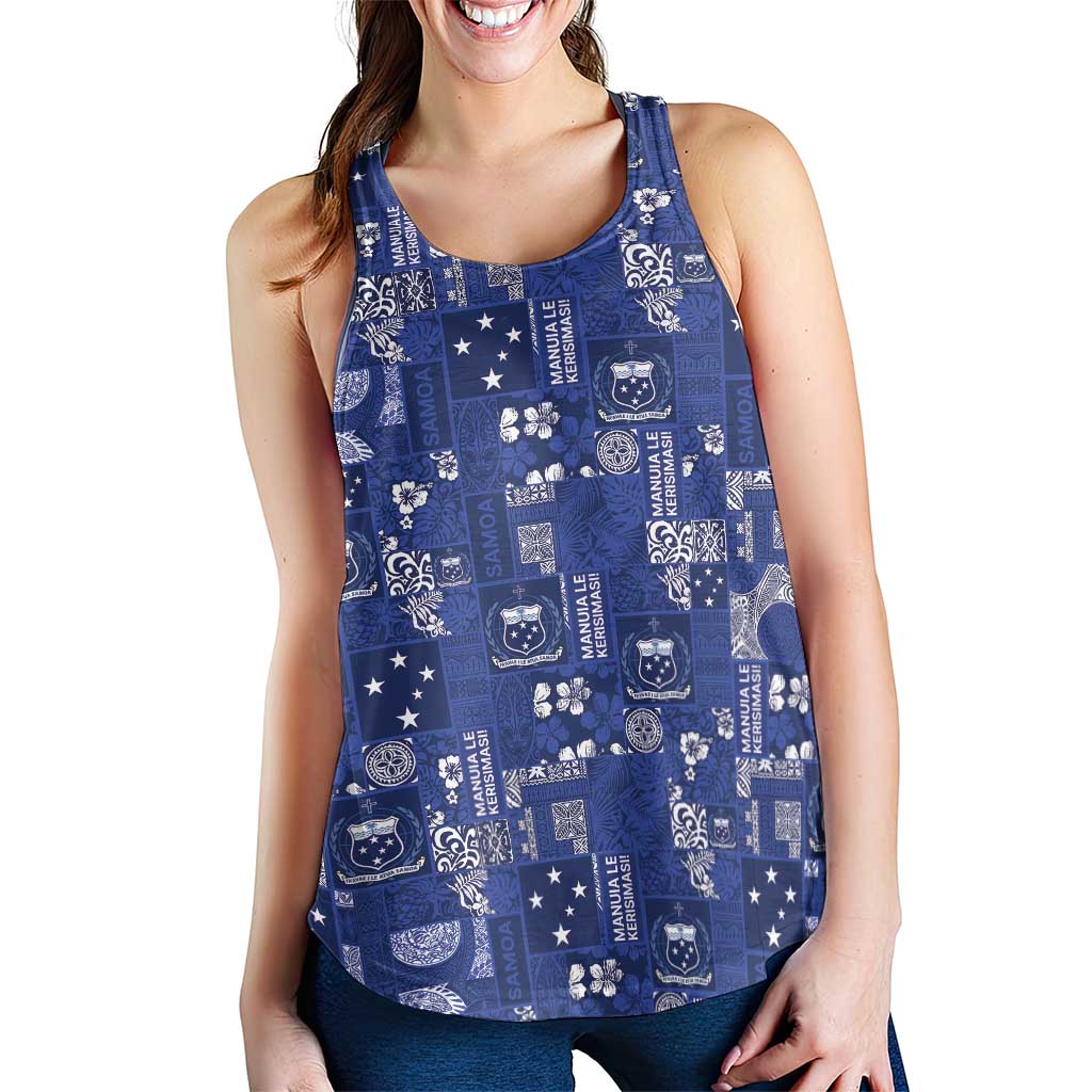 Blue Samoa Manuia Le Kerisimasi Women Racerback Tank Pacific Patchwork Xmas Vibes LT9 - Polynesian Pride
